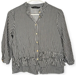 Zara Basic Black  & White Gold Cream Button Down Front Ruffle Top Women Small